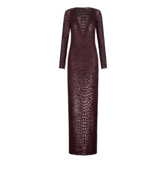 Rochie de seară cu mâneci lungi, brodată cu efect de piele de crocodil