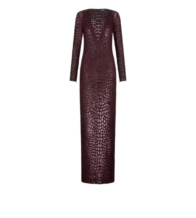Rochie de seară cu mâneci lungi, brodată cu efect de piele de crocodil Rochie de seară cu mâneci lungi, brodată cu efect de piele de crocodil