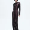 Rochie de seară cu mâneci lungi, brodată cu efect de piele de crocodil Rochie de seară cu mâneci lungi, brodată cu efect de piele de crocodil