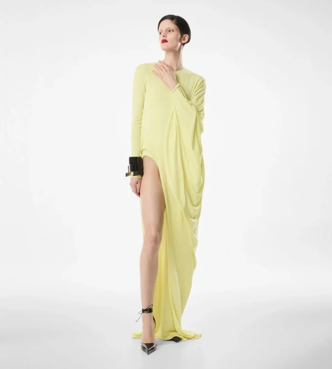 Rochie de seară cu mâneci lungi din jersey creponat Rochie de seară cu mâneci lungi din jersey creponat