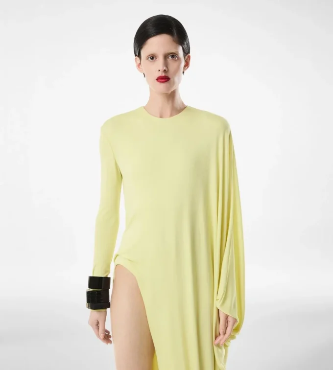Rochie de seară cu mâneci lungi din jersey creponat Rochie de seară cu mâneci lungi din jersey creponat