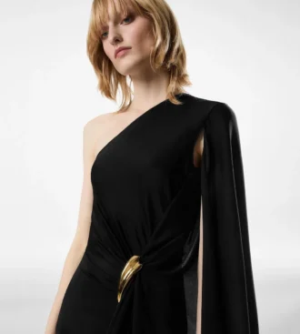 Rochie de seară cu un umăr, cu capă și detalii metalice Liza