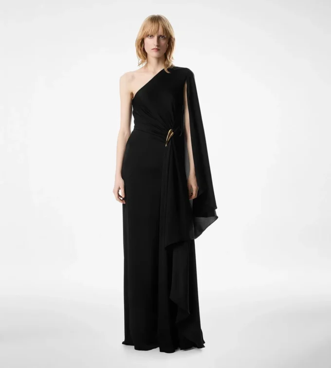 Rochie de seară cu un umăr, cu capă și detalii metalice Liza Rochie de seară cu un umăr, cu capă și detalii metalice Liza