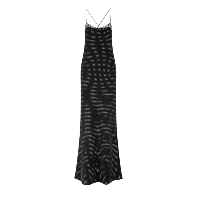 Rochie de seară din crep de mătase cu buline și detalii din dantelă Rochie de seară din crep de mătase cu buline și detalii din dantelă