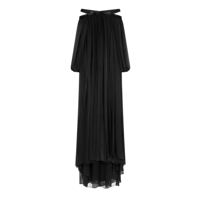 Rochie de seară din șifon de mătase brodat, cu umeri decupați Rochie de seară din șifon de mătase brodat, cu umeri decupați