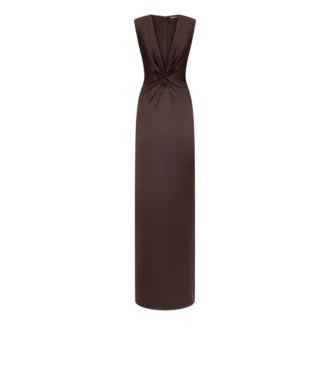 Rochie de seară din mătase, fără mâneci, cu decolteu adânc în V și față răsucită