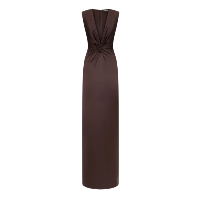 Rochie de seară din mătase, fără mâneci, cu decolteu adânc în V și față răsucită Rochie de seară din mătase, fără mâneci, cu decolteu adânc în V și față răsucită