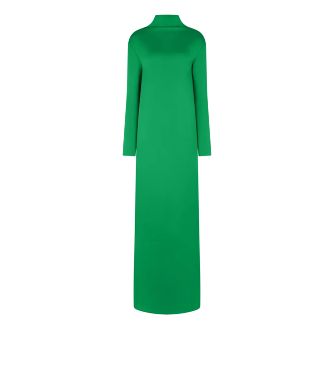 Rochie de seară strâmtă, cu guler înalt, din crep lucios Rochie de seară strâmtă, cu guler înalt, din crep lucios