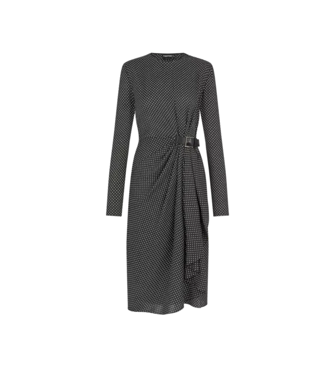 Rochie din mătase imprimată, cu mâneci lungi și detalii din piele Rochie din mătase imprimată, cu mâneci lungi și detalii din piele