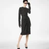 Rochie din mătase imprimată, cu mâneci lungi și detalii din piele Rochie din mătase imprimată, cu mâneci lungi și detalii din piele