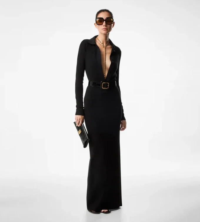 Rochie maxi din lână elastică cu ac de tricotat