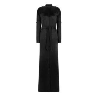 Rochie militară lungă cu centură și model jacquard cu buline