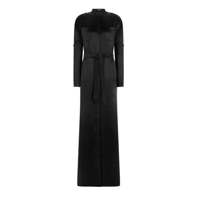 Rochie militară lungă cu centură și model jacquard cu buline Rochie militară lungă cu centură și model jacquard cu buline