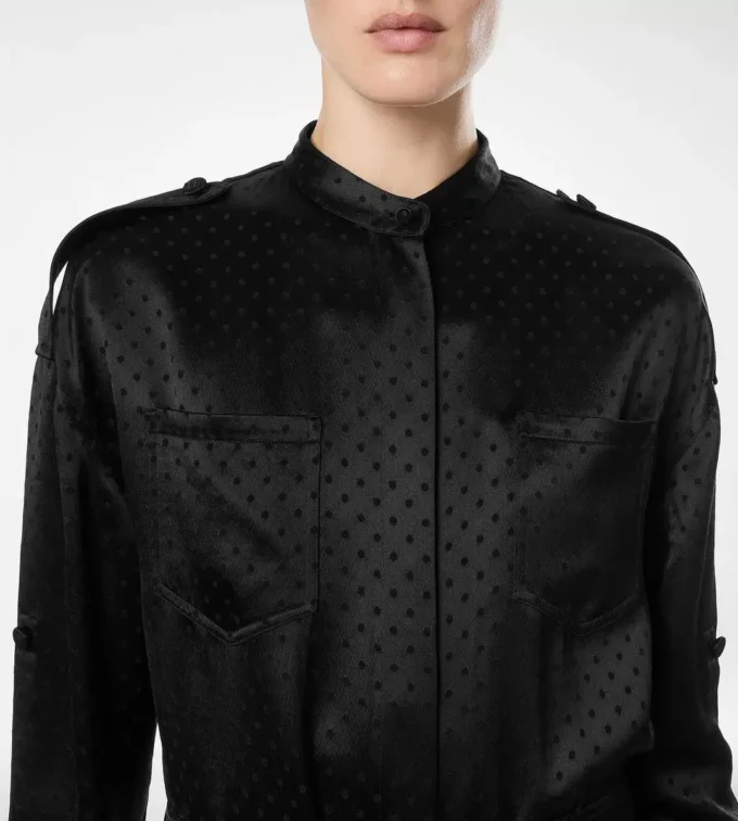Rochie militară lungă cu centură și model jacquard cu buline Rochie militară lungă cu centură și model jacquard cu buline
