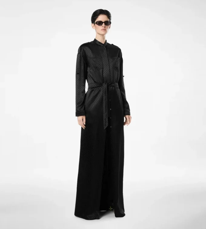 Rochie militară lungă cu centură și model jacquard cu buline Rochie militară lungă cu centură și model jacquard cu buline