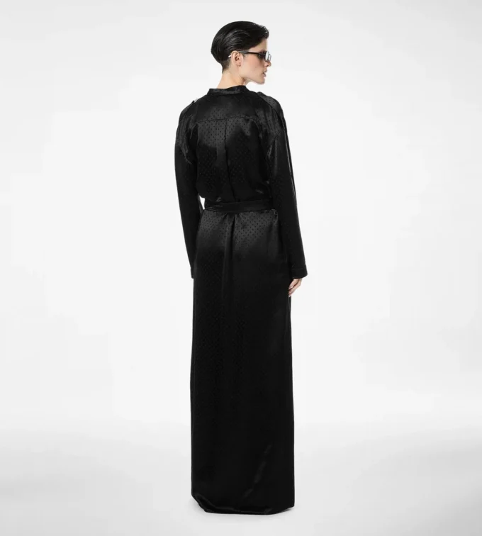 Rochie militară lungă cu centură și model jacquard cu buline Rochie militară lungă cu centură și model jacquard cu buline