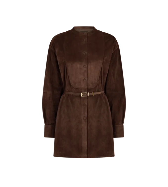 Rochie mini din piele de miel cu centură și plastron