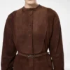 Rochie mini din piele de miel cu centură și plastron