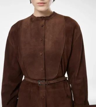 Rochie mini din piele de miel cu centură și plastron