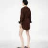 Rochie mini din piele de miel cu centură și plastron
