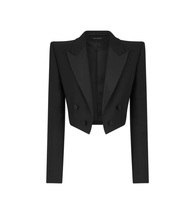 Sacou tuxedo cropped cu două rânduri de nasturi, din amestec de lână și mătase Sacou tuxedo cropped cu două rânduri de nasturi, din amestec de lână și mătase