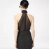 Top cu guler halter din georgette de mătase cu buline și detaliu plisat