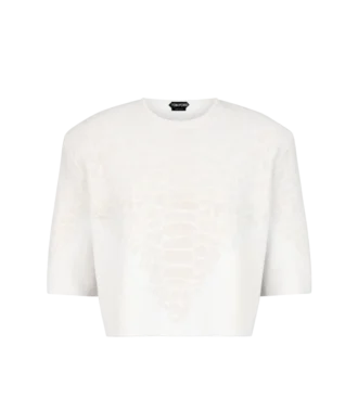 Tricou cu guler rotund din cașmir merino, cu detalii din șenilă de mătase în relief cu model piton