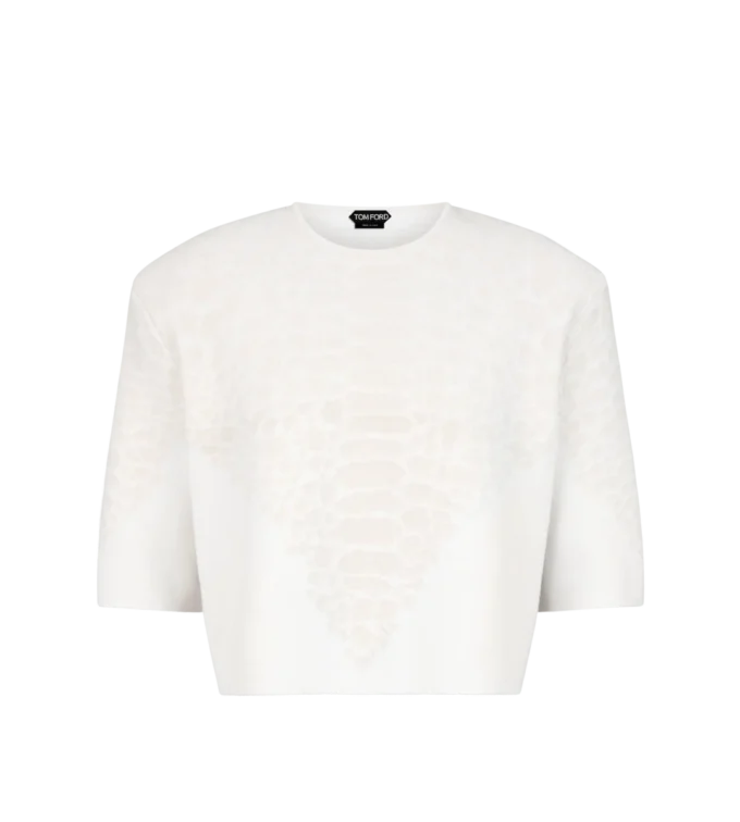 Tricou cu guler rotund din cașmir merino, cu detalii din șenilă de mătase în relief cu model piton Tricou cu guler rotund din cașmir merino, cu detalii din șenilă de mătase în relief cu model piton