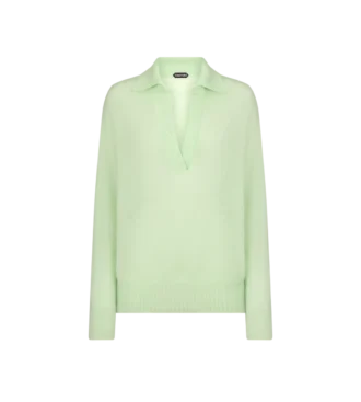 Tricou oversized din cașmir și mătase ultra-moale, cu guler polo deschis